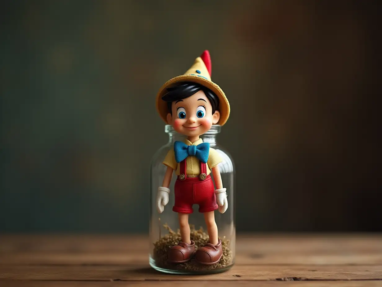 Photorealistic image of Pinocchio into a glass bottle