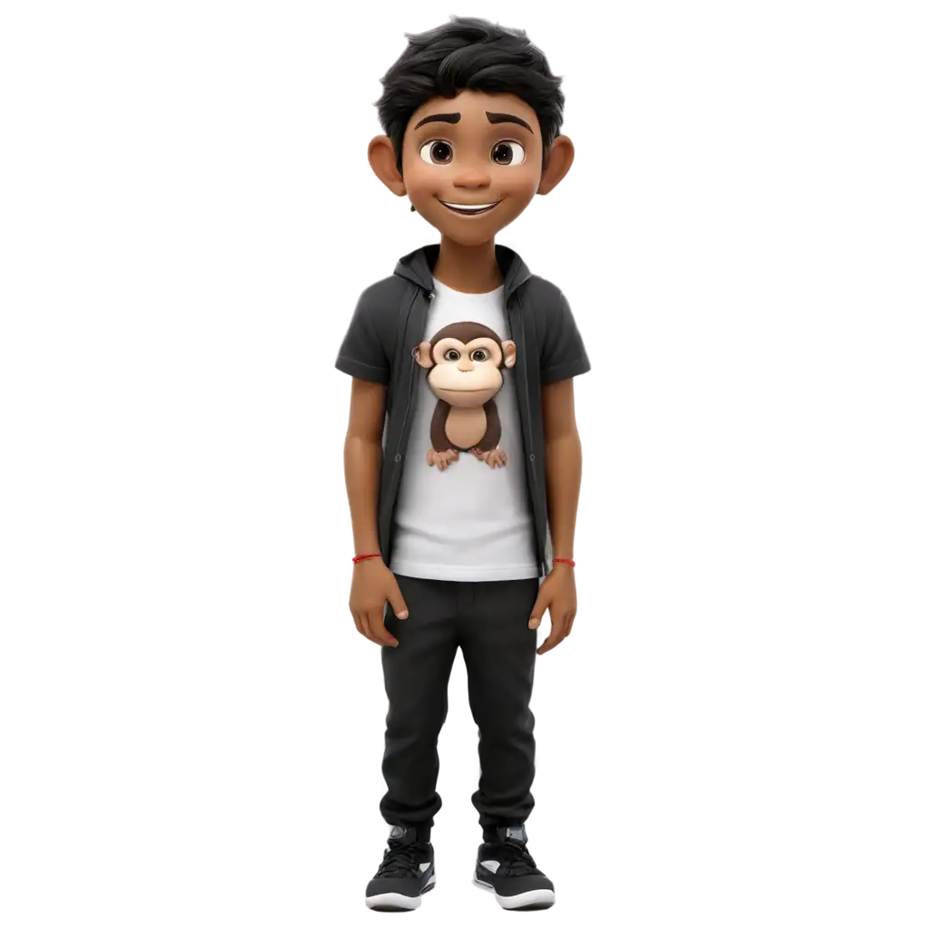 Create a 26 year Indian boy which stands in jungle in black track pant and white t-shirt with monkey