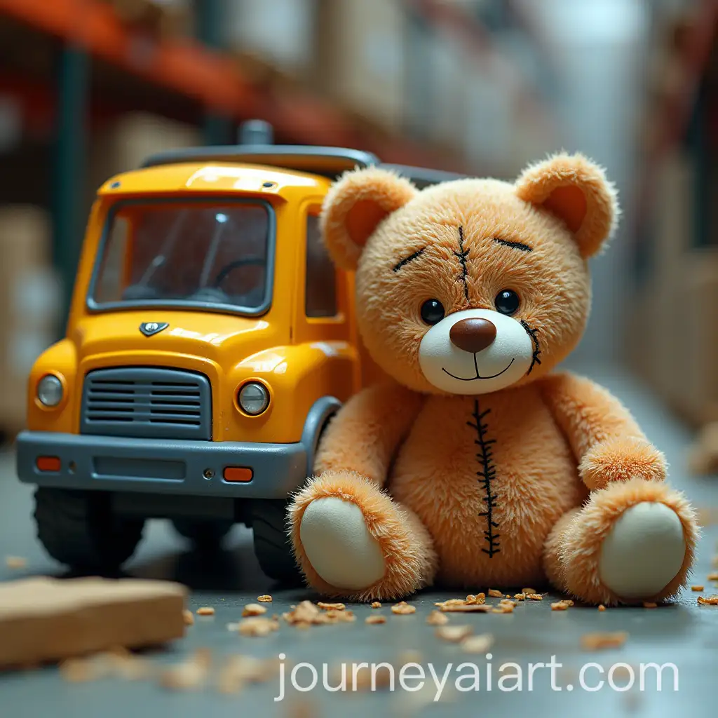 Broken-Childrens-Toys-Shipment-in-a-Warehouse-with-Damaged-Plastic-Truck-and-Teddy-Bear