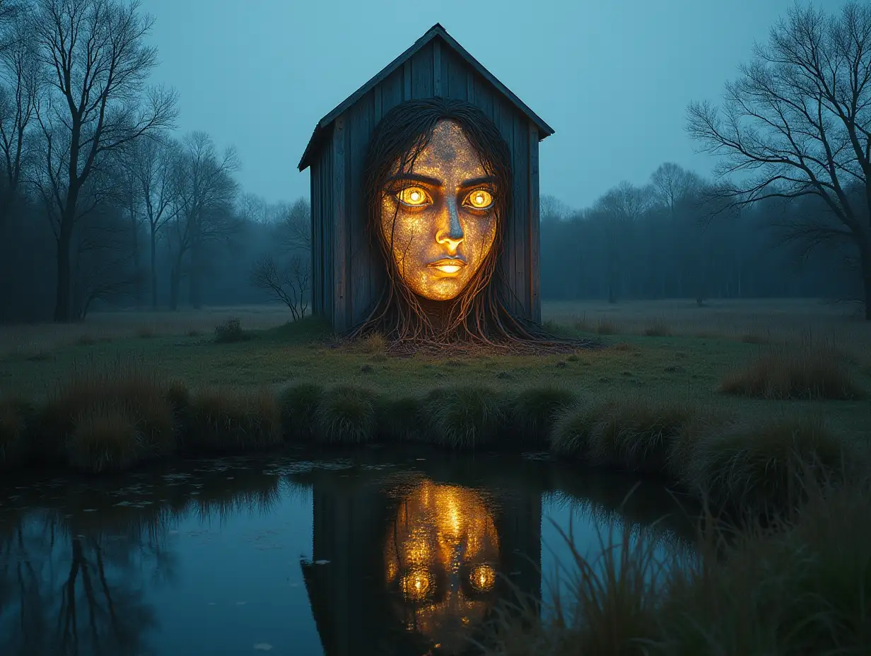 Face turning into a building with glass glowing balls and roots lit up on a meadow with a lake looking at the viewer