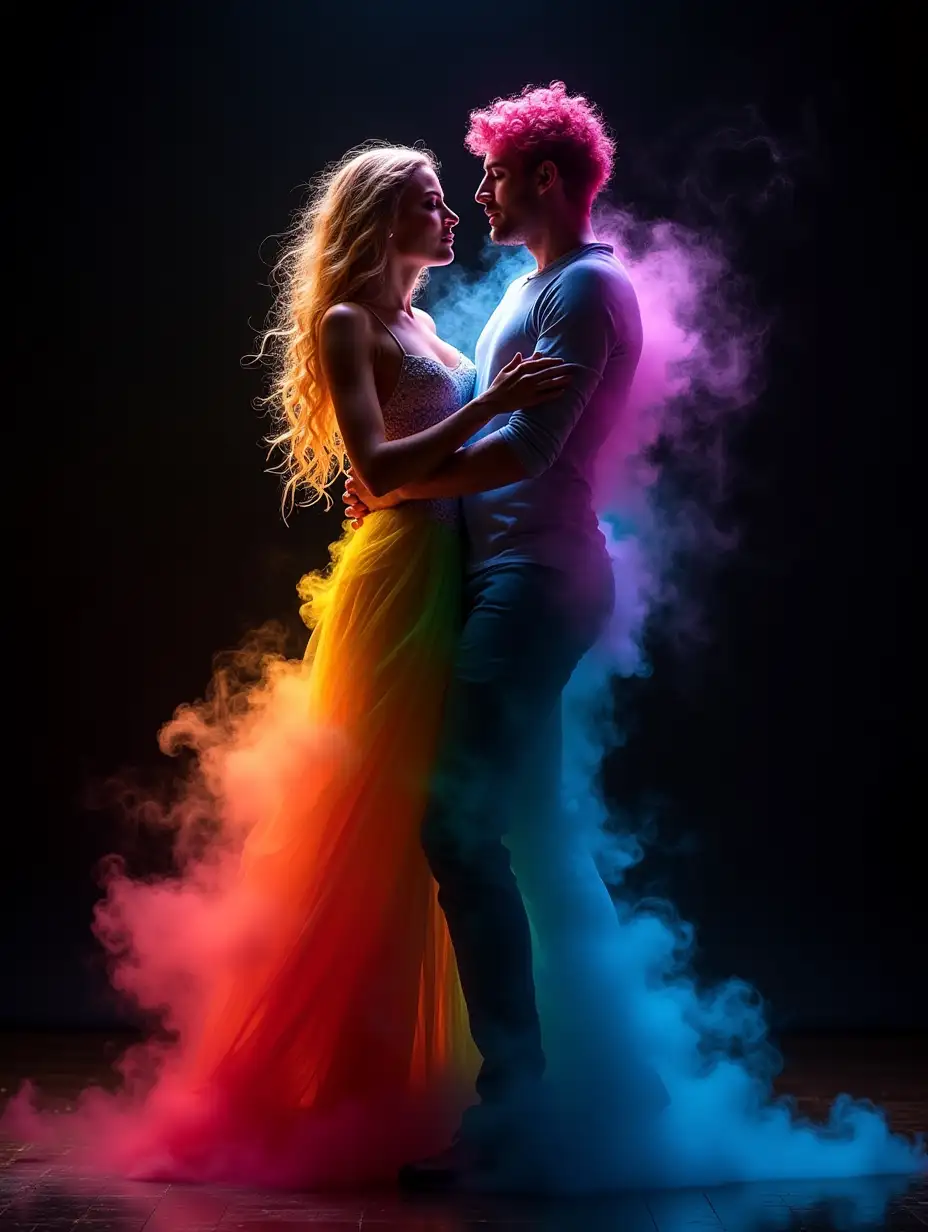 full body image dancing kizomba composed of rainbow-colored images, bright colored smoke, which is exhaled by a couple dancing kizomba creating a strong contrast with the black background, surreal art and style