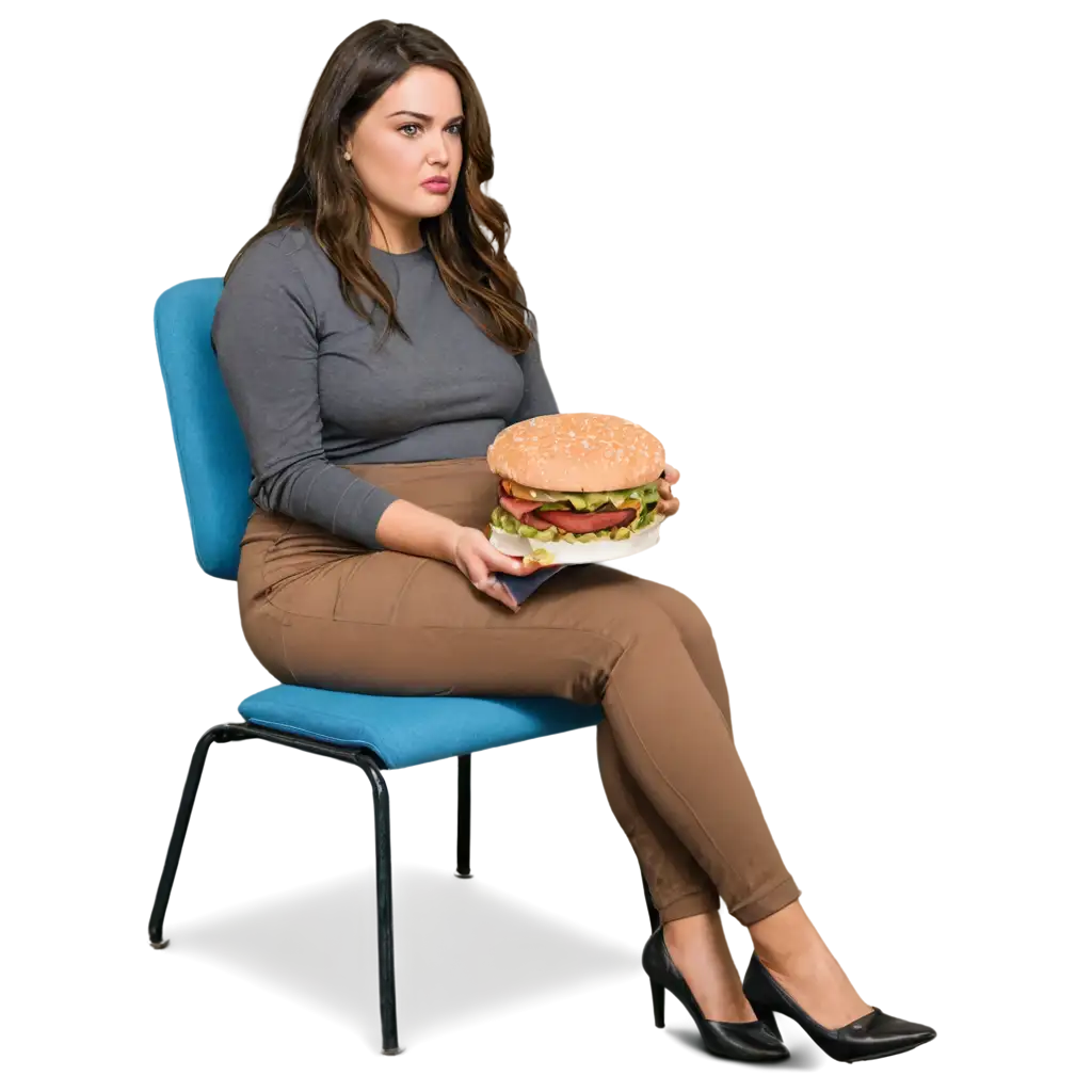 Create-a-PNG-Image-Sedentary-Woman-Eating-Oversized-Hamburger-with-Unhappy-Face