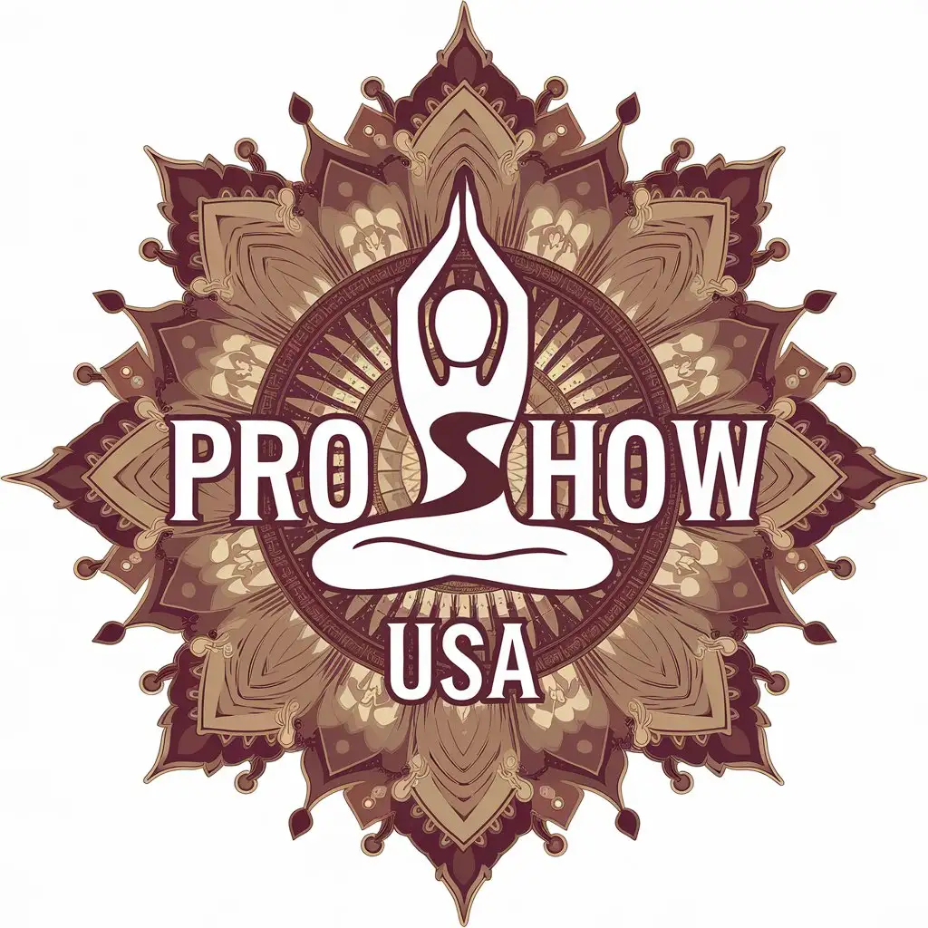 a vector logo design,with the text "Proshow USA", main symbol:yoga,complex,be used in Entertainment industry,clear background