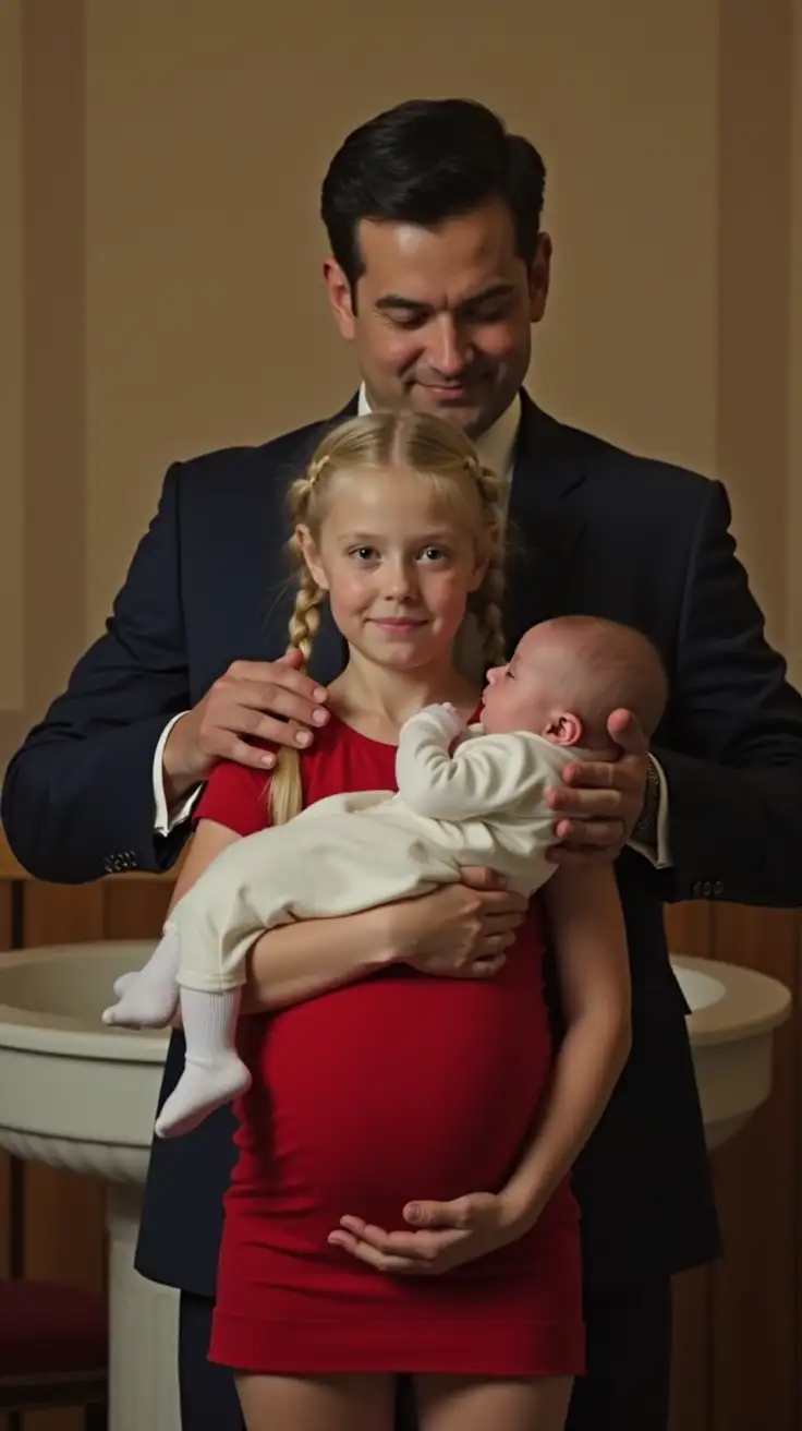 Father-Supporting-Daughter-While-She-Nurses-Infant-in-Front-of-Baptismal-Font