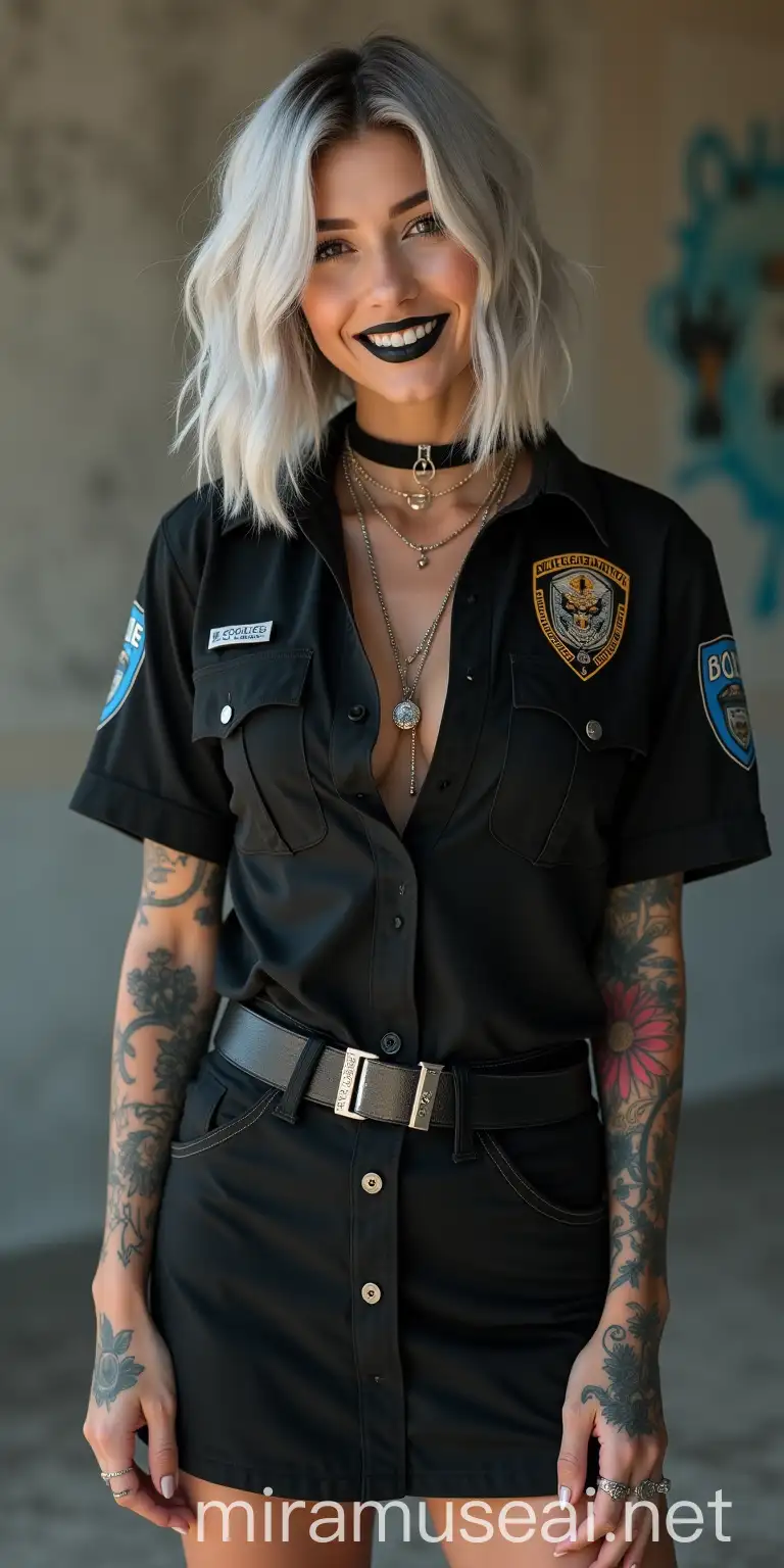 Stylish Cosplay Police Woman with Colorful Tattoos