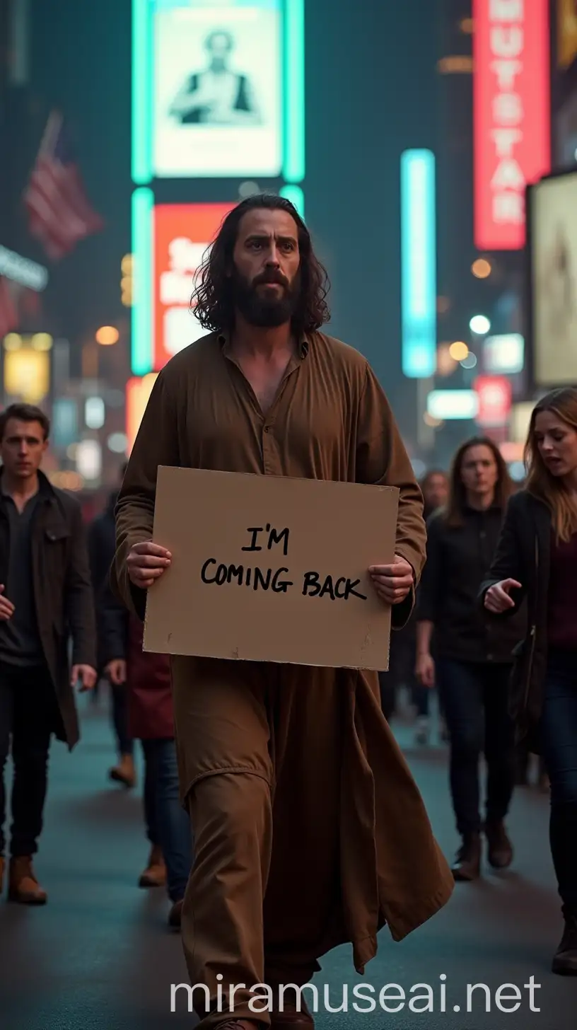 A realistic and cinematic scene of a man dressed in a long brown tunic, with long hair and a beard, walking along a busy urban avenue, similar to Times Square in New York. He holds a piece of cardboard with the message 'I'm coming back' written by hand. People around him react with expressions of shock, surprise and judgment, some pointing at him. Neon lights and billboards shine in the background, creating a contrast between the modern environment and the figure with an old-fashioned appearance. The mood of the image conveys a dramatic and introspective tone.