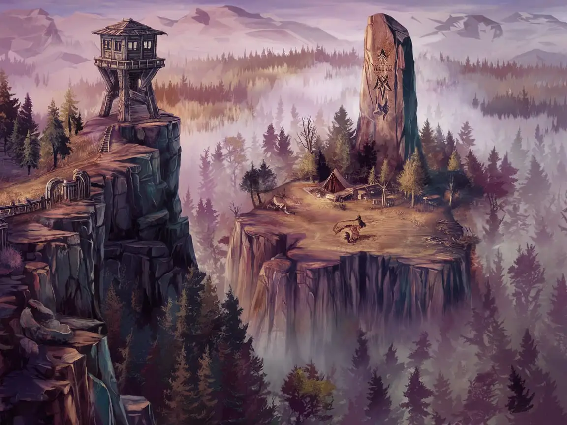 Fantasy Watchtower in Misty Mythical Forest Hunters Camp and Ancient Monolith