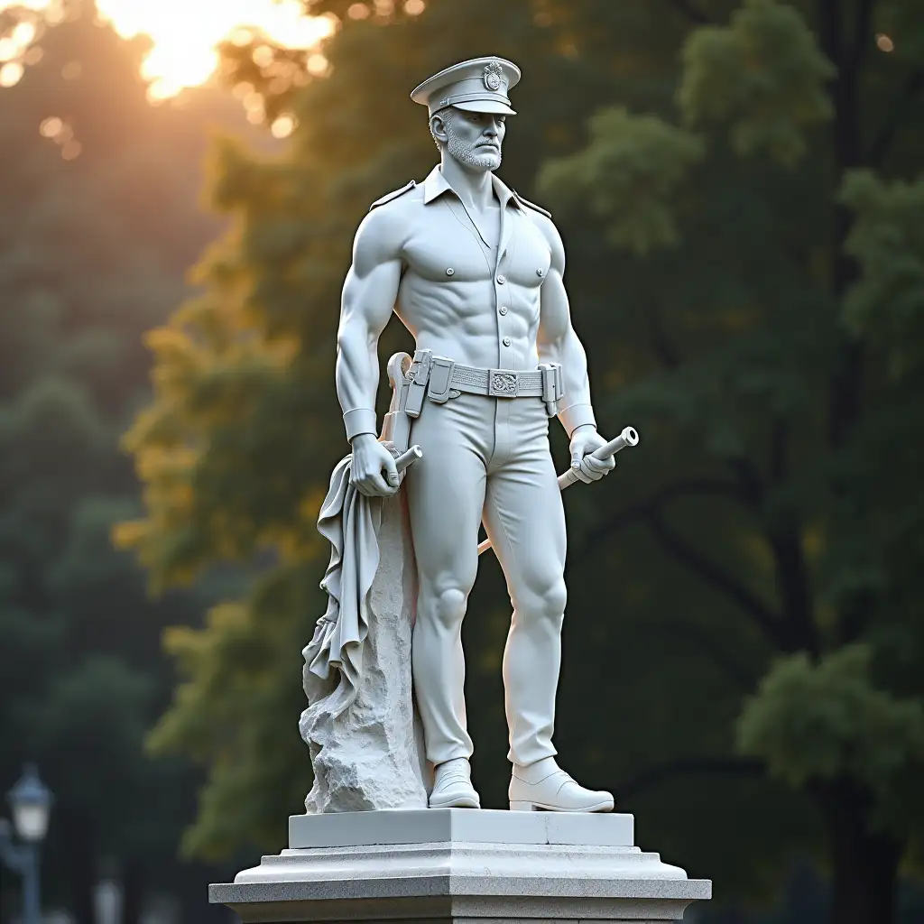 Statue of a muscular policeman made of white marble on a marble pedestal with evening light coming from the left,