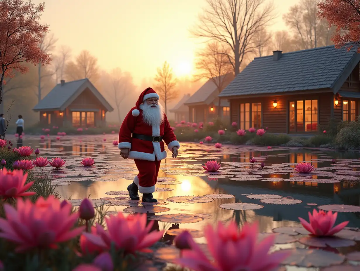 A cheerful Santa Claus with gifts is walking along the shore of a huge eco-pond with a large number of pink lily pads, and on the other side of this pond, cheerful people of different ages are walking along the shore, and also on the other side there are only 3 small one-story chalet houses, these houses have the appearance of a one-story chalet with a gable tiled roof. The roofs are flat without bending, these chalet houses are built from a system of wooden beams, consisting only of vertical wooden beams, and only in the half-timbered style, with glass walls between the glass beams. -  these are panoramic windows in all walls from the floor to the roof, that is, each wall is a panoramic window, on the other shore among the houses there are trees on which bright garlands glow, at sunset and in the reflections of sunset light, the foreground view is in focus, and the background is blurred, realistic