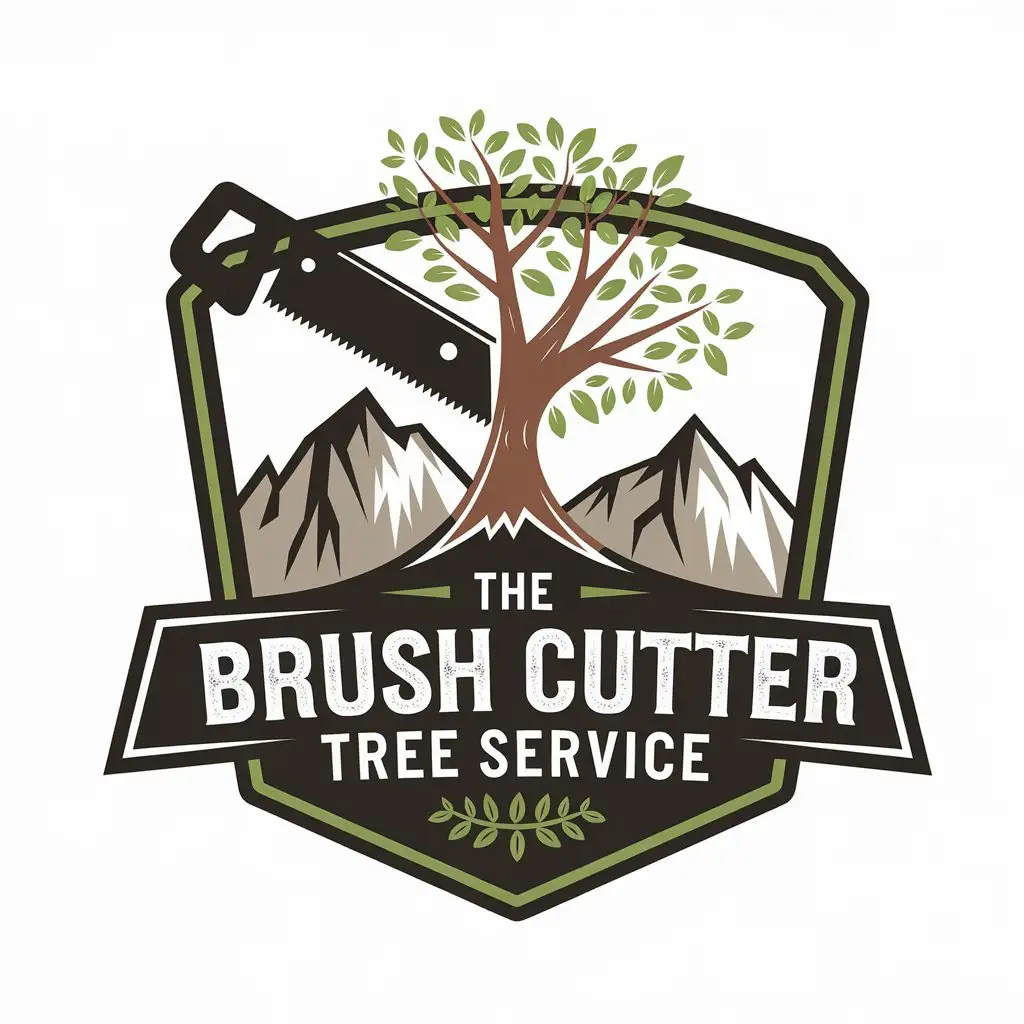 LOGO Design for The Brush Cutter Tree Service Shield with Trees Axes and Nature Elements