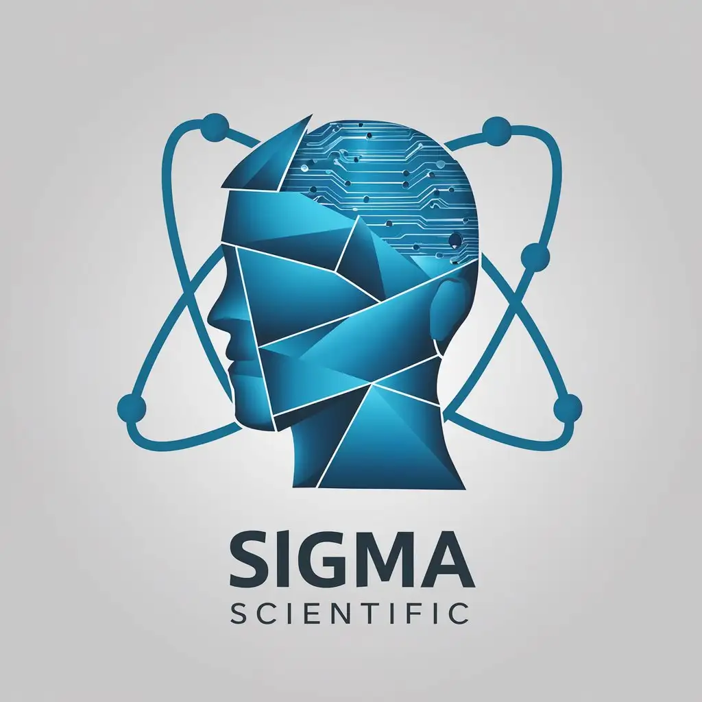 a vector logo design,with the text "Sigma Scientific", main symbol:A human head made up of blue, angular, geometric fragments. The head appears to be incomplete from behind and constructed from various triangular and polygonal shapes that are separated by clear lines from each other, giving it a fractured or faceted appearance which shows the abstract and minimalistic nature of the design. The head contains brain which is made by electronic circuits while two trajectories of an Atom's electrons are surrounding the head. This is to reflect reflecting the company's mission in Research, development, and innovation industry,Minimalistic,be used in Technology industry,clear background