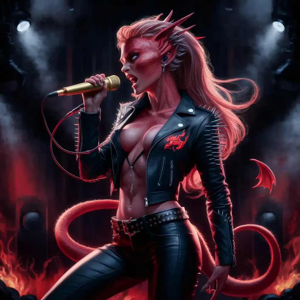 Beautiful Female Draconborn Rockstar Singing into Mic