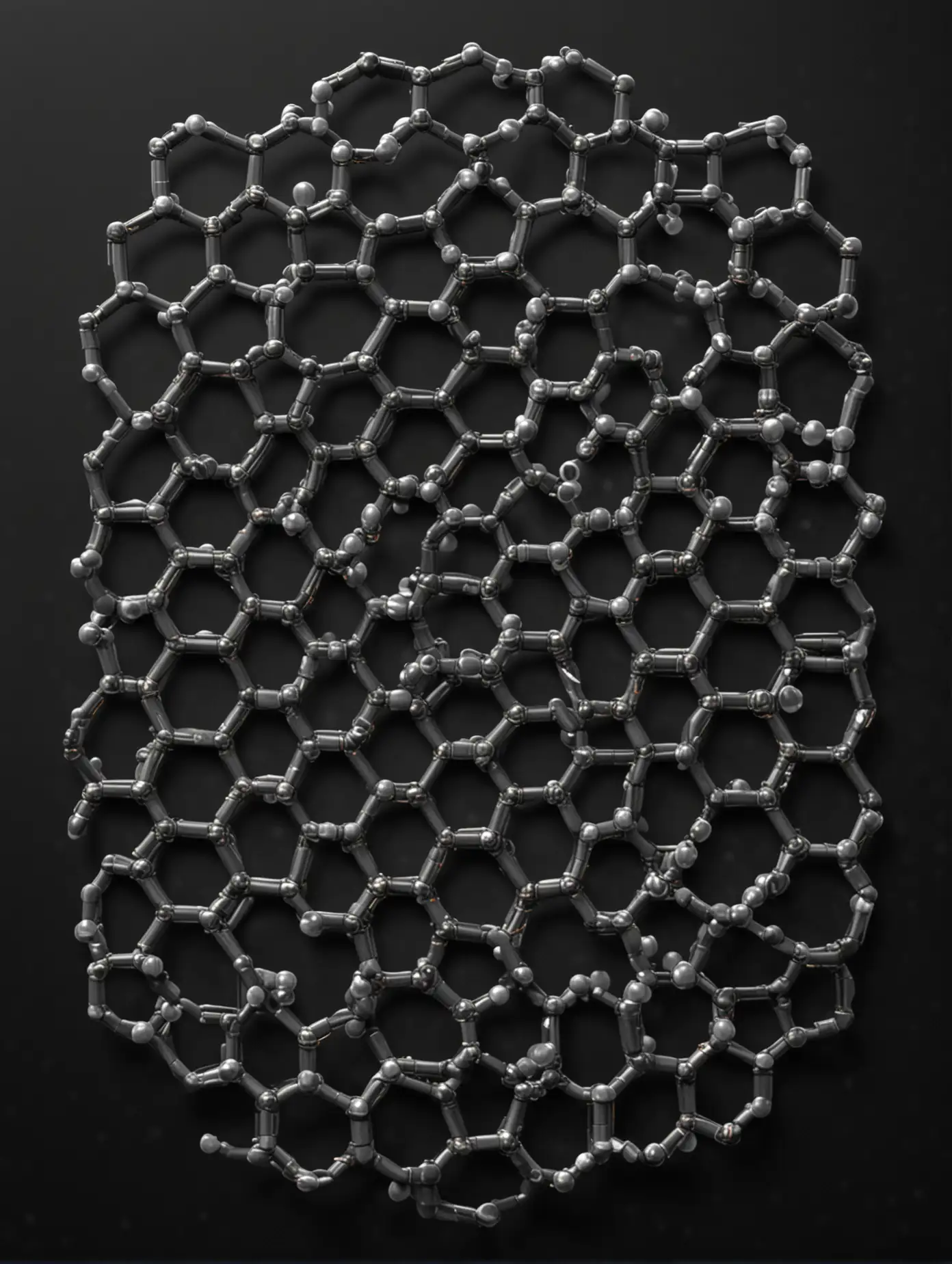 Draw several dark gray-colored carbon nano tubes on a silicon chip with a black background in 3D. Let the every nano tube body consist of carbon atoms, arranged in hexagons.  Add small spherical glittering particles inside the nano tubes. 