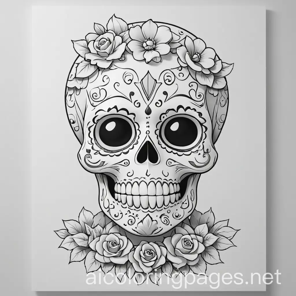 Cute beautiful sugar skull , Coloring Page, black and white, line art, white background, Simplicity, Ample White Space. The background of the coloring page is plain white to make it easy for young children to color within the lines. The outlines of all the subjects are easy to distinguish, making it simple for kids to color without too much difficulty