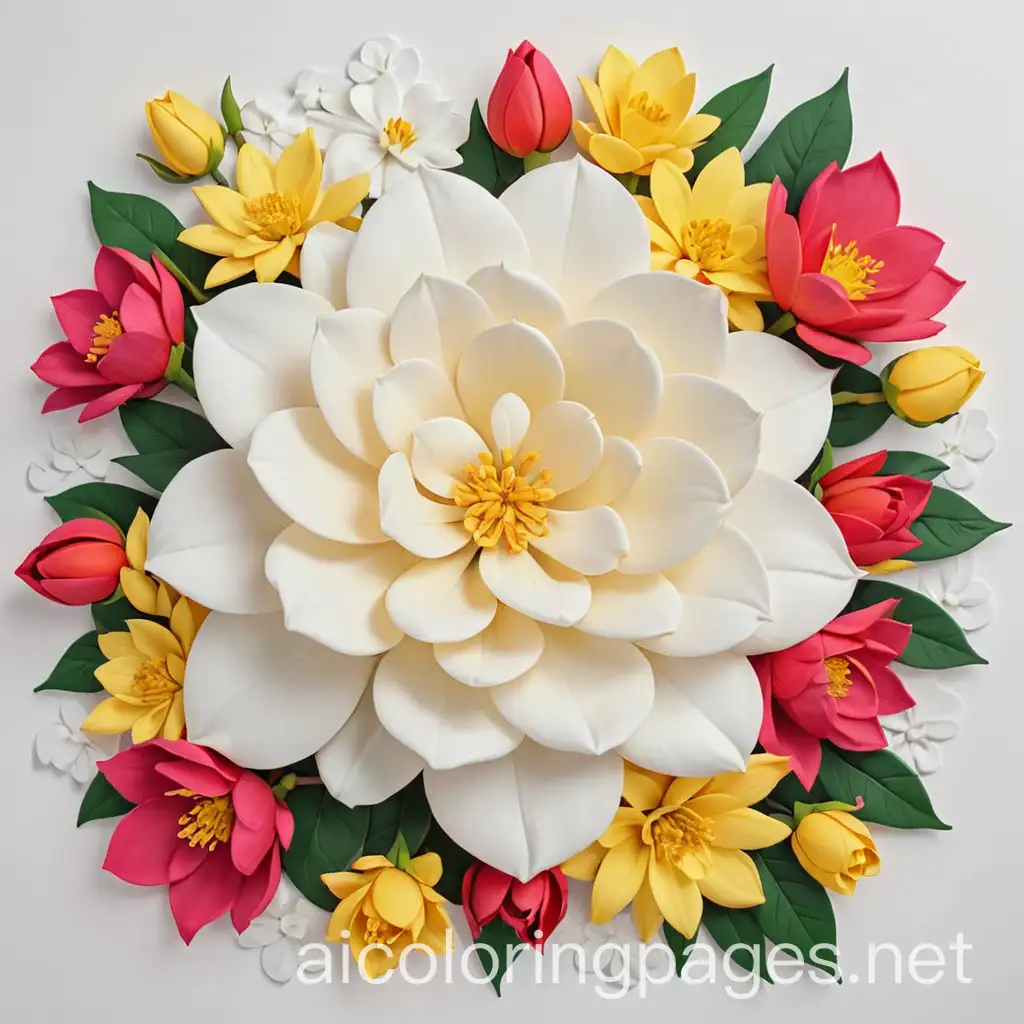 white and gold gardenia surrounded with yellow pink and red flowers, Coloring Page, black and white, line art, white background, Simplicity, Ample White Space. The background of the coloring page is plain white to make it easy for young children to color within the lines. The outlines of all the subjects are easy to distinguish, making it simple for kids to color without too much difficulty