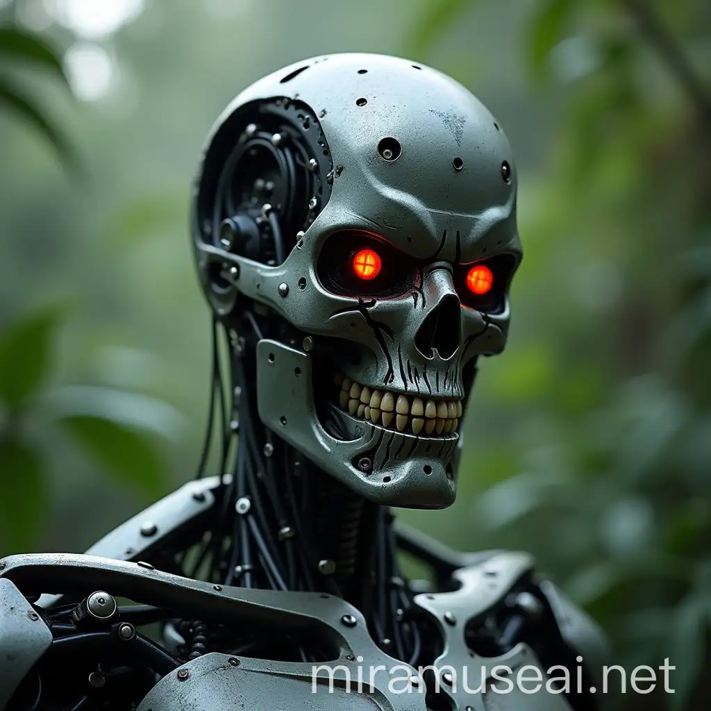 Modern Terminator Robot in Vietnam Jungle Setting