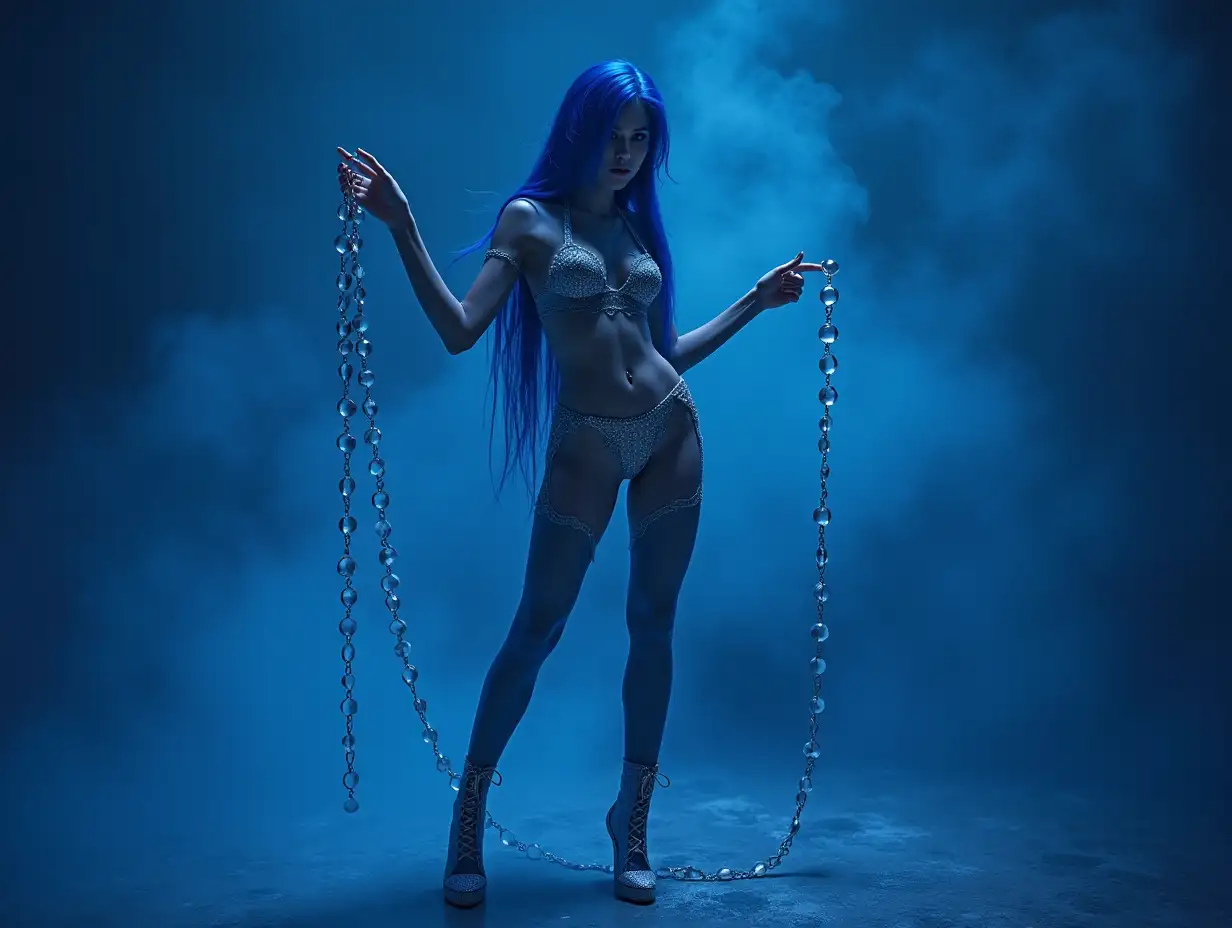 Mythological blue alien princess blue silver lingerie, chain of crystal balls, high heels at a ball portrait