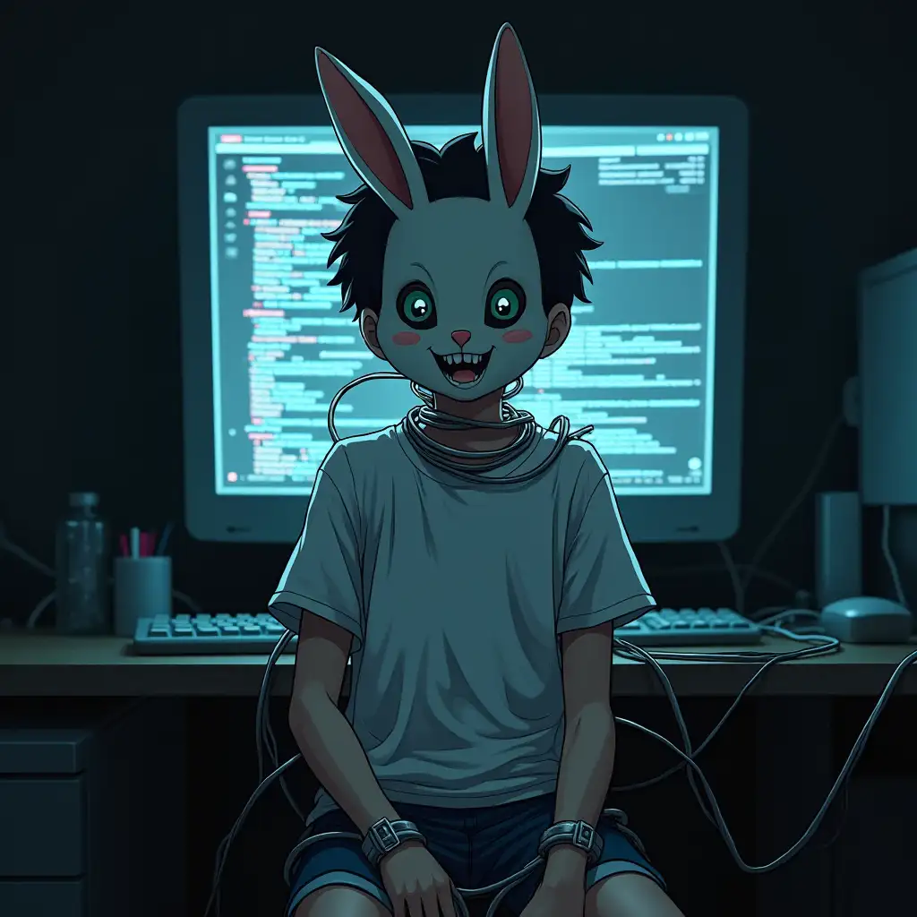 A boy in white t-shirt. He is wearing a mask of a rabbit on his face. His arms and legs are caught up in different wires. There is a giant computer screen behind him. Whole picture is dark and creepy. Anime style.