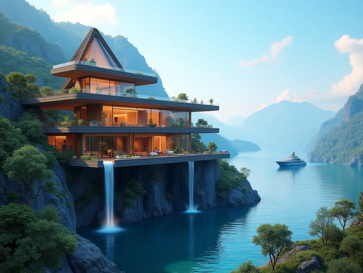 A futuristic multi-story house made of many illuminated glass, triangular and wood lies on the mountain peak, with many plants waterfall, trees, blue sky, bright environment, mountains, clear water and a yacht in the background, colorful 8k quality 180 degree shots