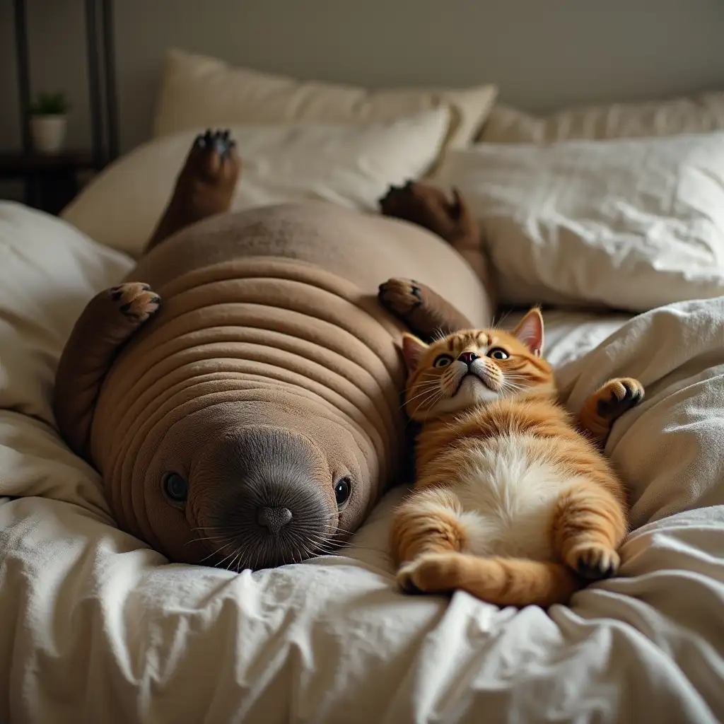 a walrus lying on its back on a bed and a cat below