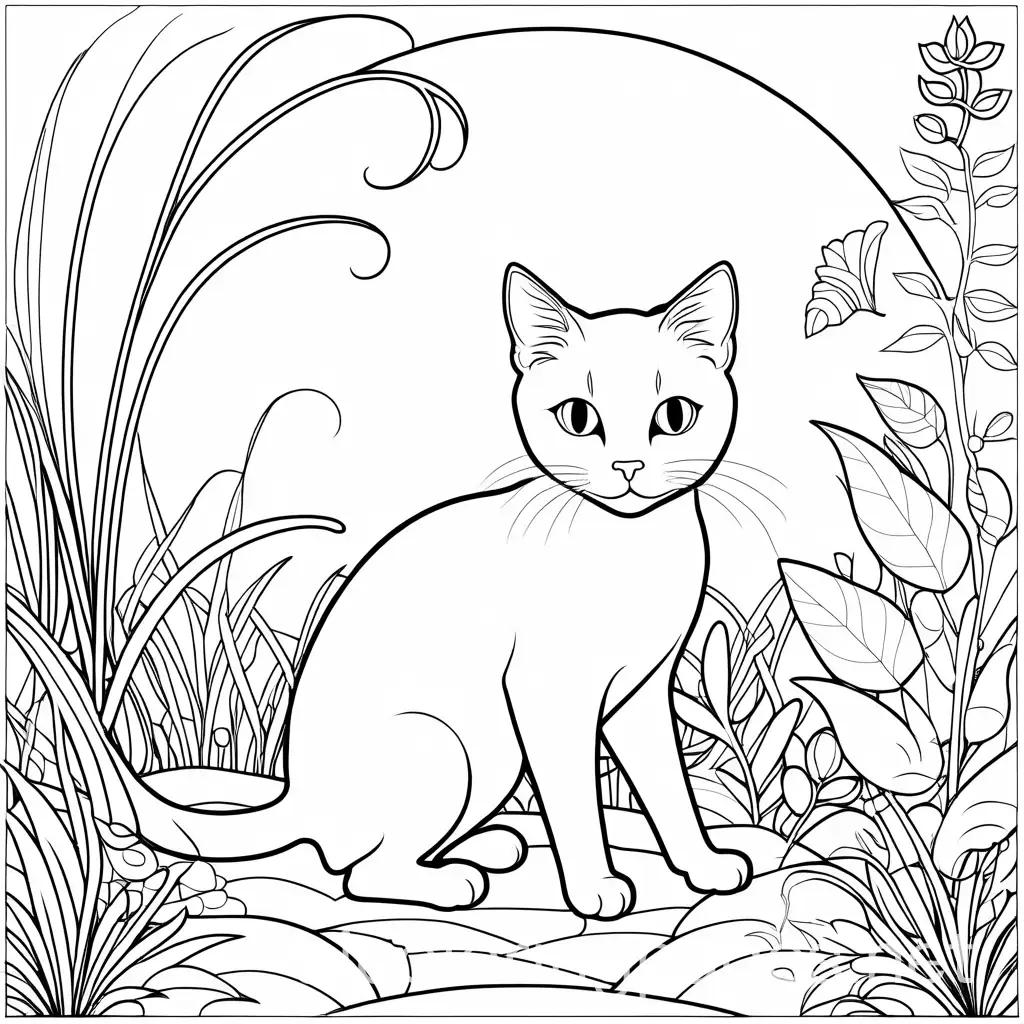 Whimsical-Cat-in-Nature-Black-and-White-Coloring-Page