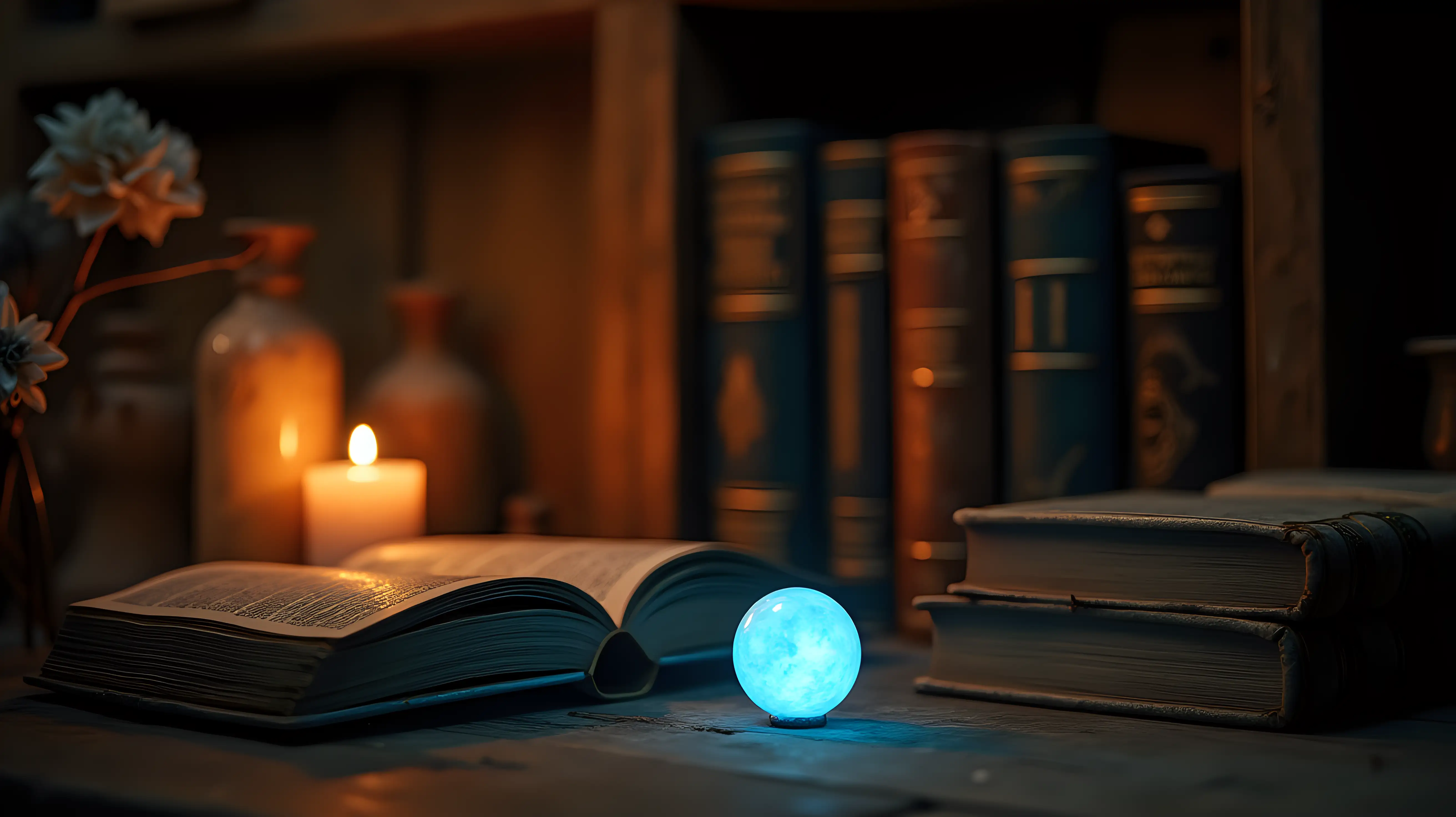 Fantasy-Bookshed-with-Candles-and-Glowing-Blue-Sphere