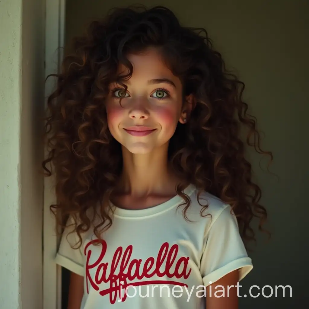 Young-Woman-with-Curly-Dark-Hair-and-Green-Eyes-in-Raffaella-TShirt
