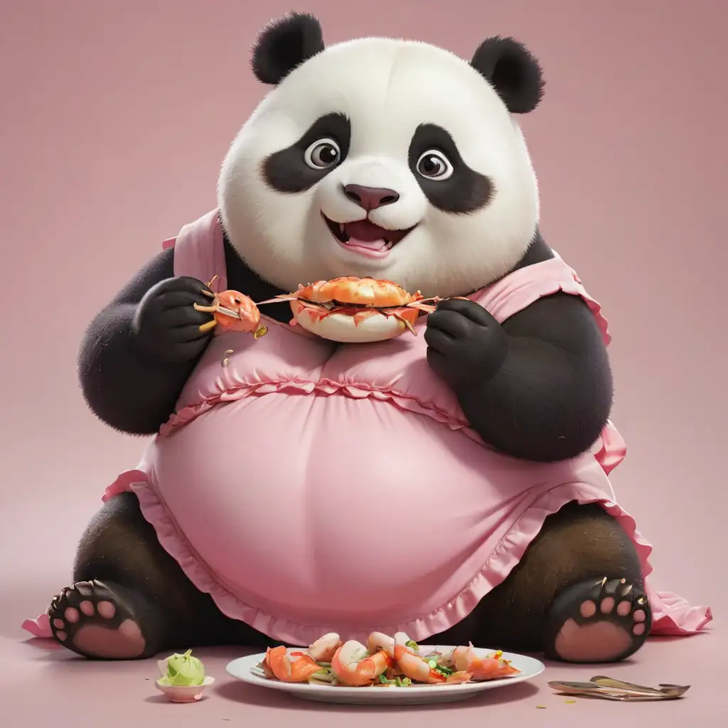 Cute-Fat-Panda-Girl-in-Pink-Dress-Eating-Crab