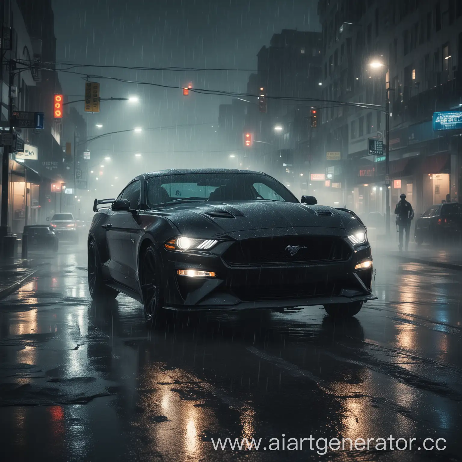 Nighttime-City-Chase-with-Cops-After-a-Black-2020-Ford-Mustang-in-Rain-and-Fog