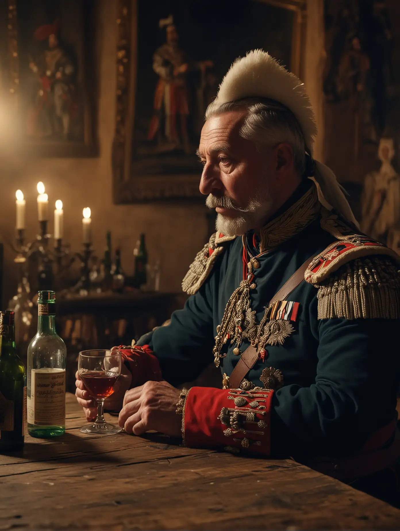 An epic 17th century scene featuring an about 60-years old polish hussar captain sitting at a table, drinking, a bottle with vodaka on the table, at night, in a castle hall, motion, expression, close cinematic view