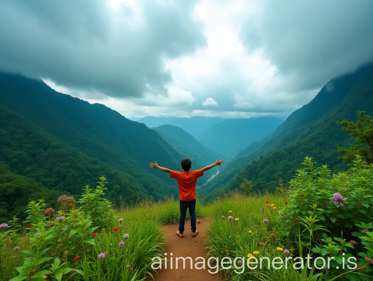 Boy-Embracing-Nature-in-Lush-Mountain-Landscape-with-Monsoon-Clouds