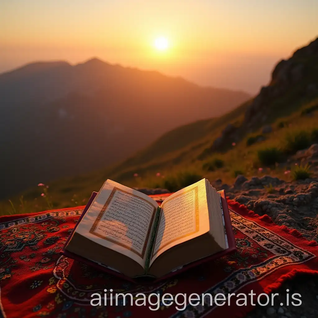 carpet and Quran on top of a mountain together with spring together sunset