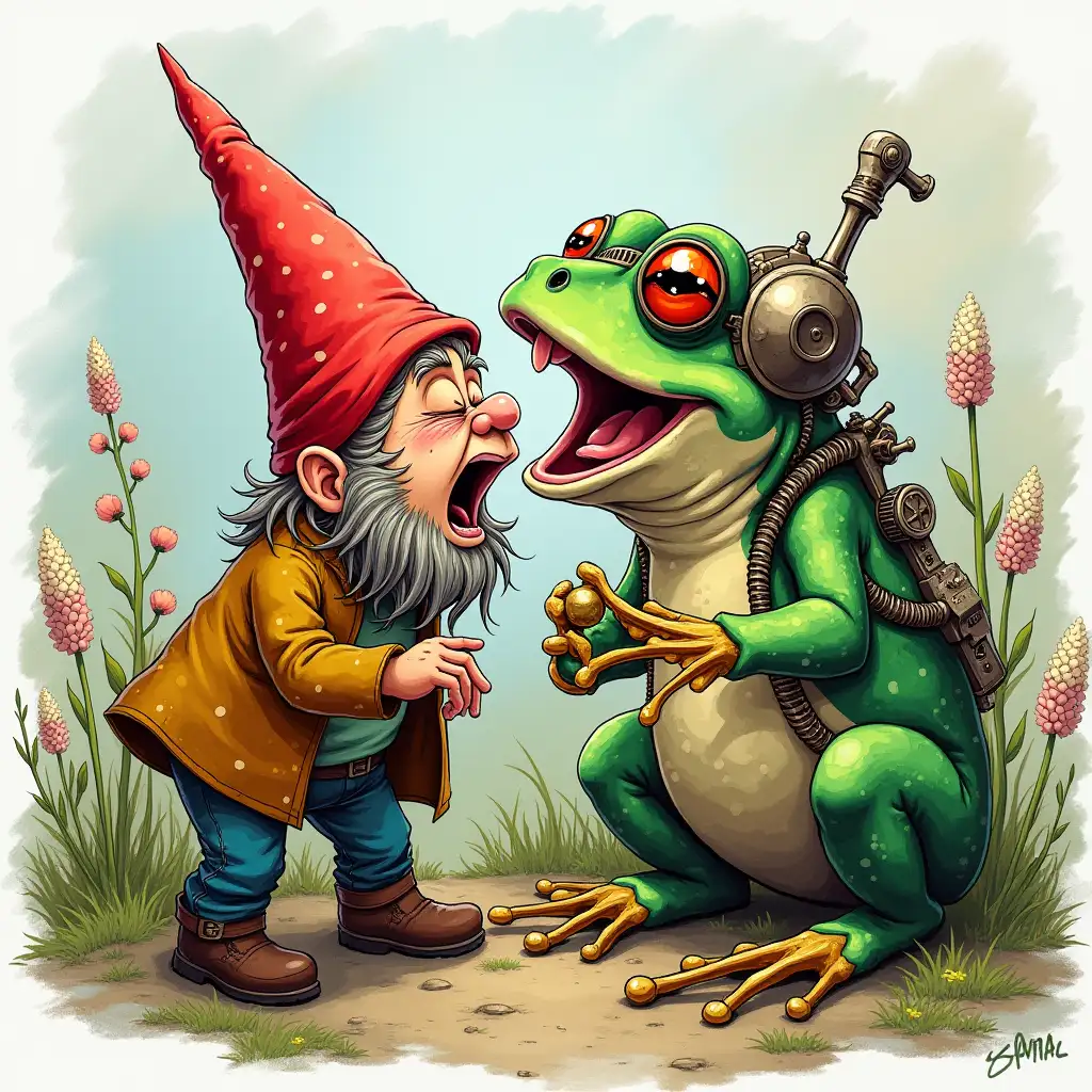 draw a colorful picture in the style of steampunk where a frog eats a gnome