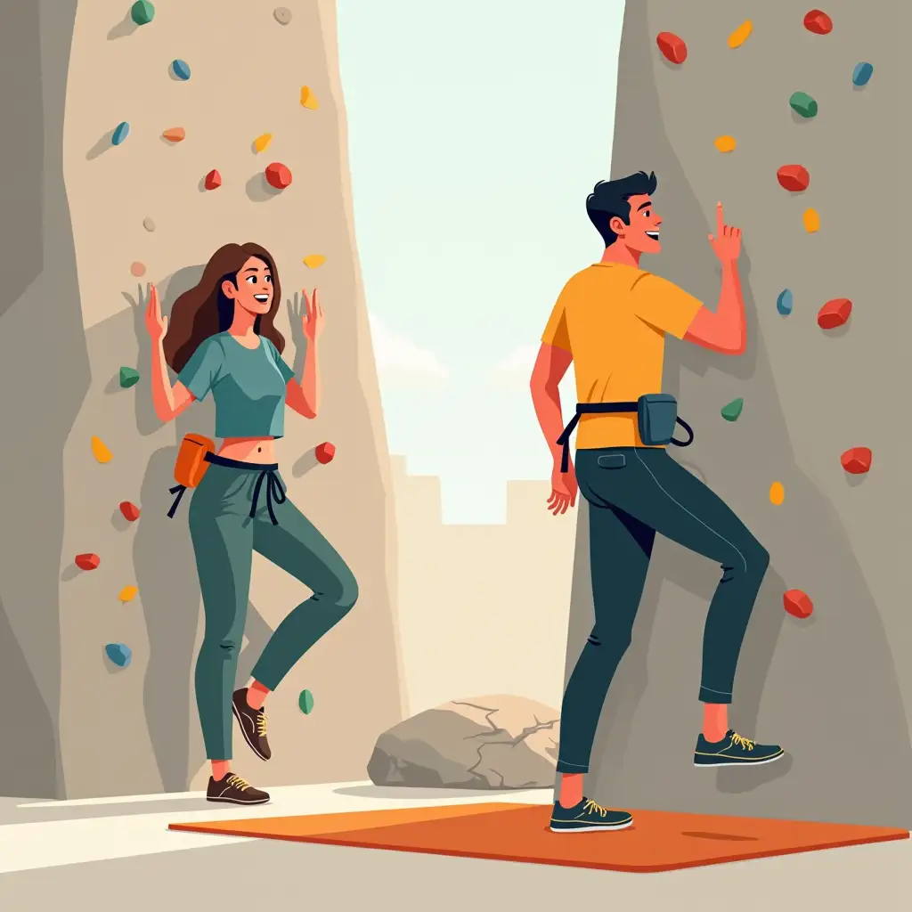 Man-and-Woman-Rock-Climbing-Outdoors-with-Chalk-Pouch-and-Cushion-Mat