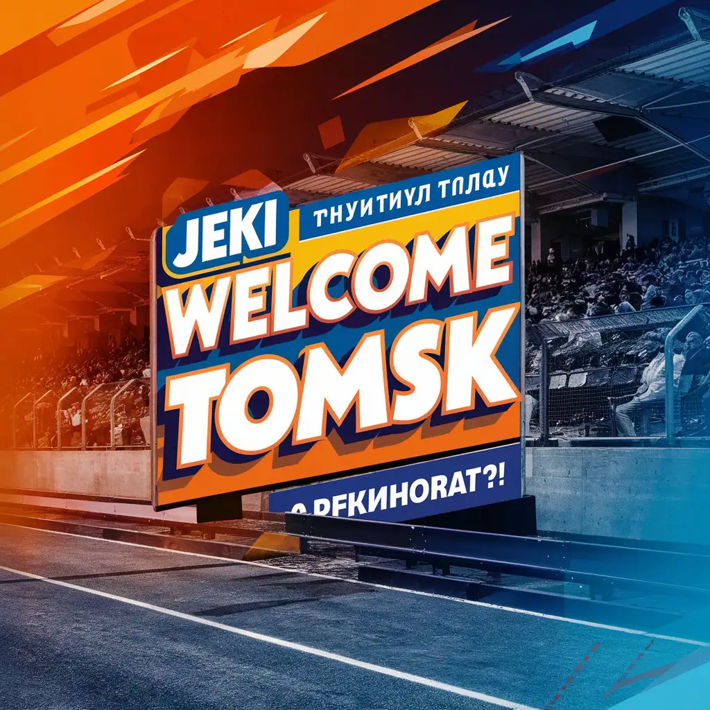 ТЕКСТ "JEKI WELCOME TOMSK"
НА РЕКЛАМНОМ БАННЕРЕ ВОЗЛЕ ТРАССЫ