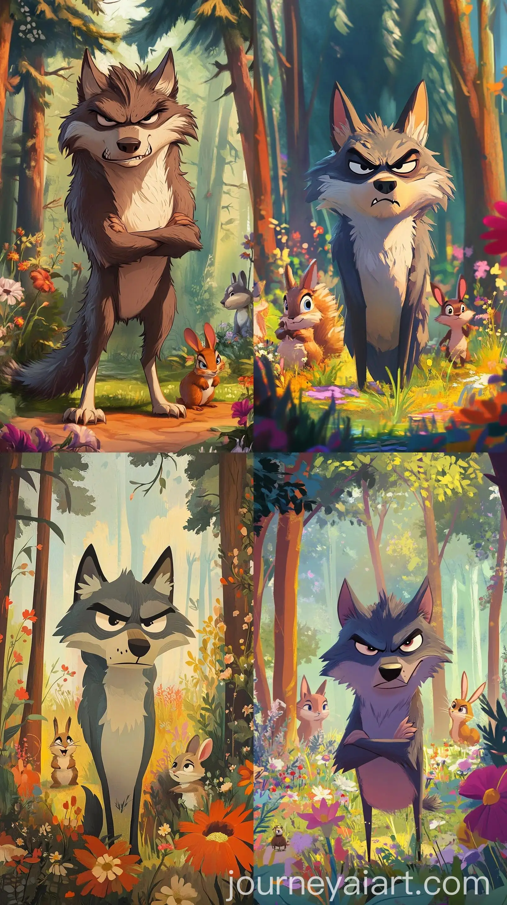 Grumpy-Wolf-in-Colorful-Woodland-Scene