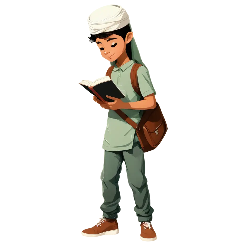 PNG-Image-Cartoon-of-a-Teenager-in-Middle-Eastern-Attire-Reading-in-a-Mosque