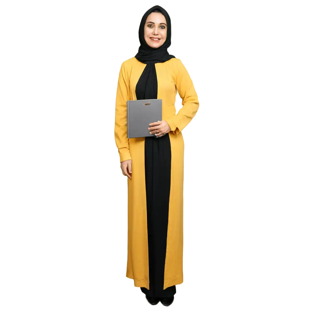 Full-Yellow-Abaya-Women-Standing-with-Office-Files-PNG-Image-for-Professional-Use