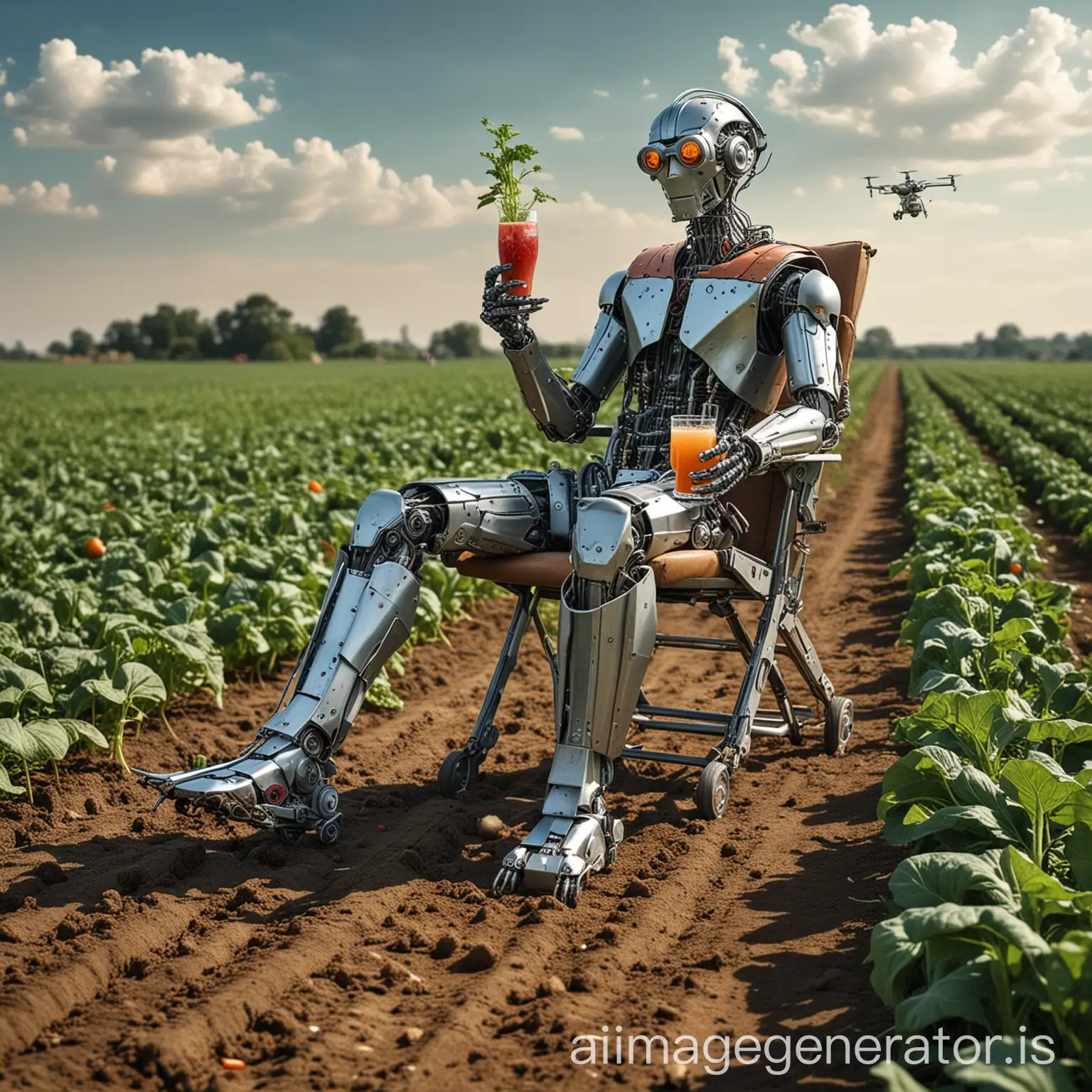 Farmer-Relaxing-While-Robots-and-Drones-Harvest-Vegetables-and-Fruits-in-Futuristic-Agriculture-Scene