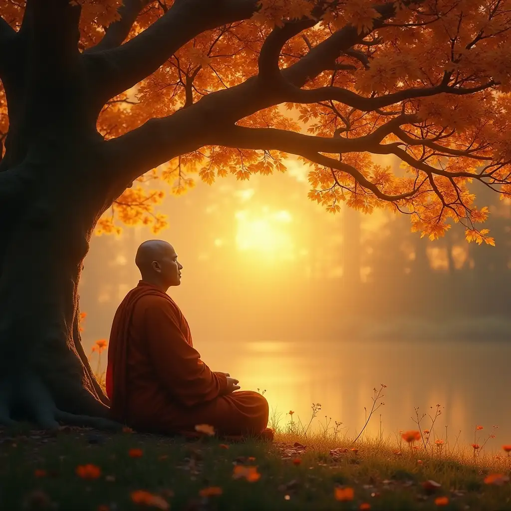 A peaceful monk meditating under a glowing tree, radiating wisdom