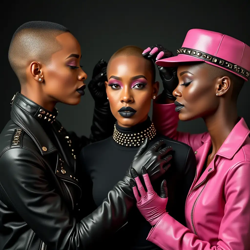 Three-Black-Women-Styling-Cynthia-Erivo-with-Bold-Makeup-and-Leather-Fashion