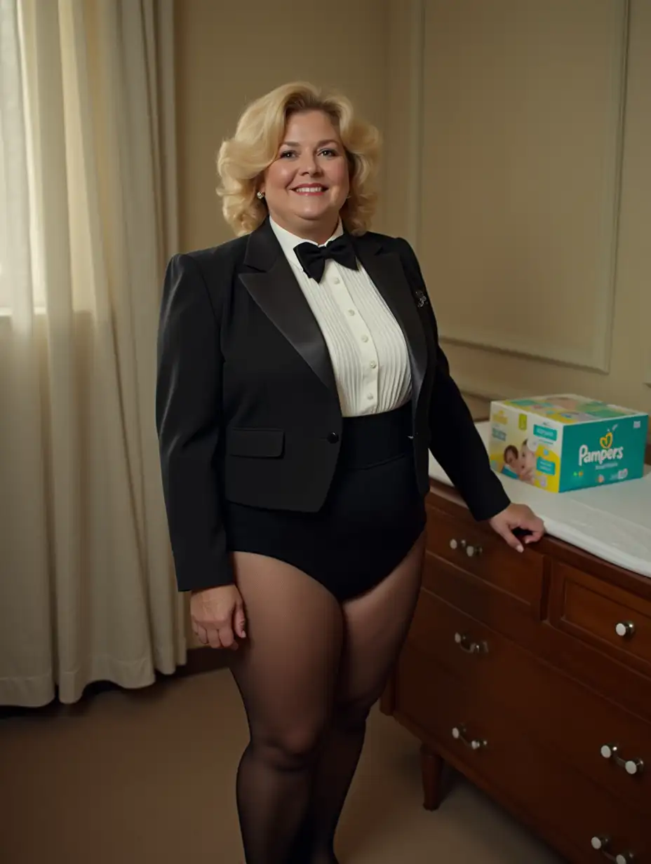 MiddleAged-Woman-in-Formal-Tuxedo-Adjusting-Bow-Tie-in-Nursery