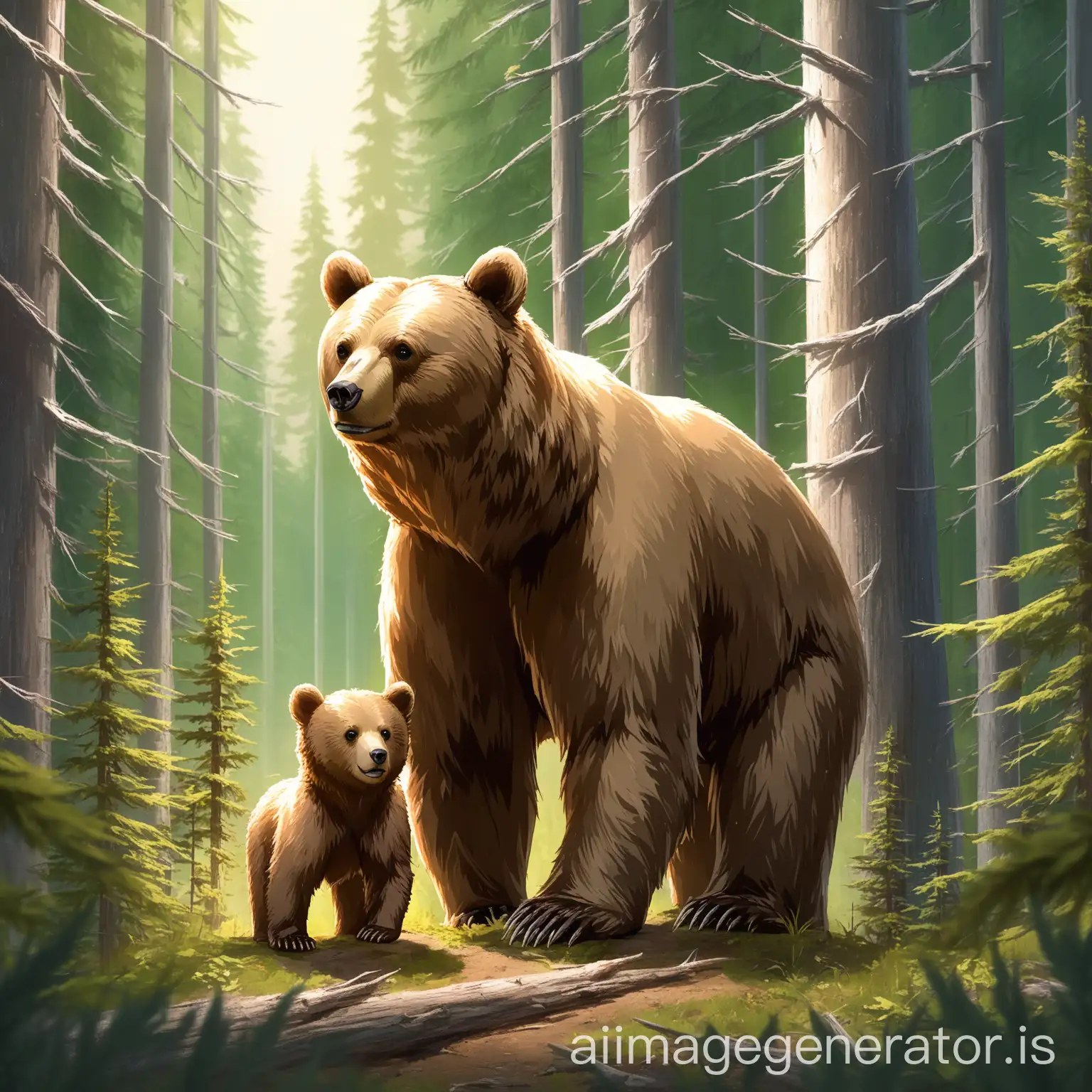 A caring bear mom watches over her cub as they explore the forest, ensuring its safety in the wilderness