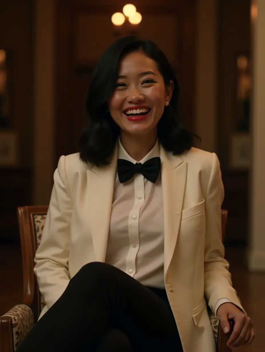 It is night. A smiling and laughing 30 year old Chinese woman with shoulder length black hair and lipstick is sitting on a chair in a mansion. She is facing forward. She is wearing an ivory tuxedo. Her pants are black. Her shirt is white. Her bowtie is black. She is relaxed. Her jacket is open.