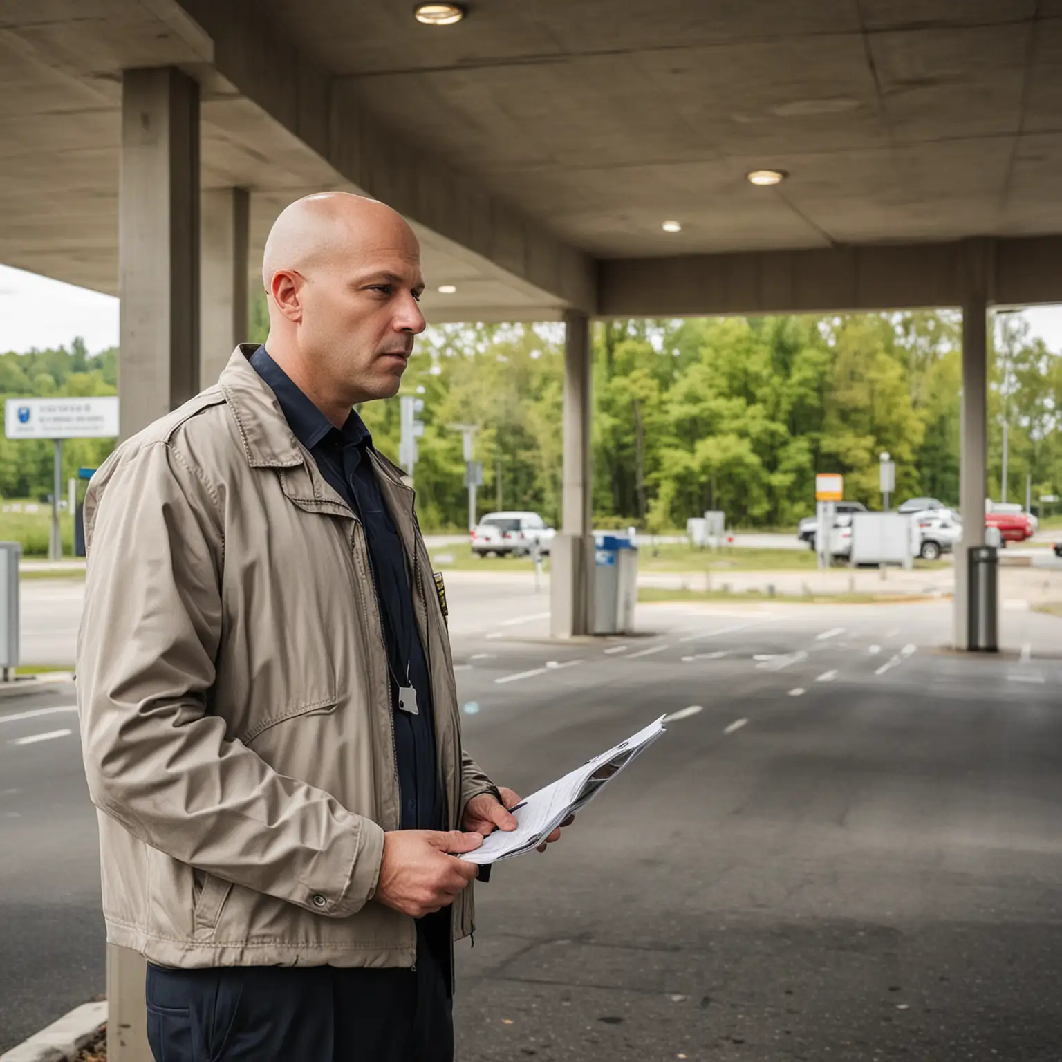 MiddleAged-Bald-Man-Conducting-Security-Inspection-at-Highway-Rest-Stop