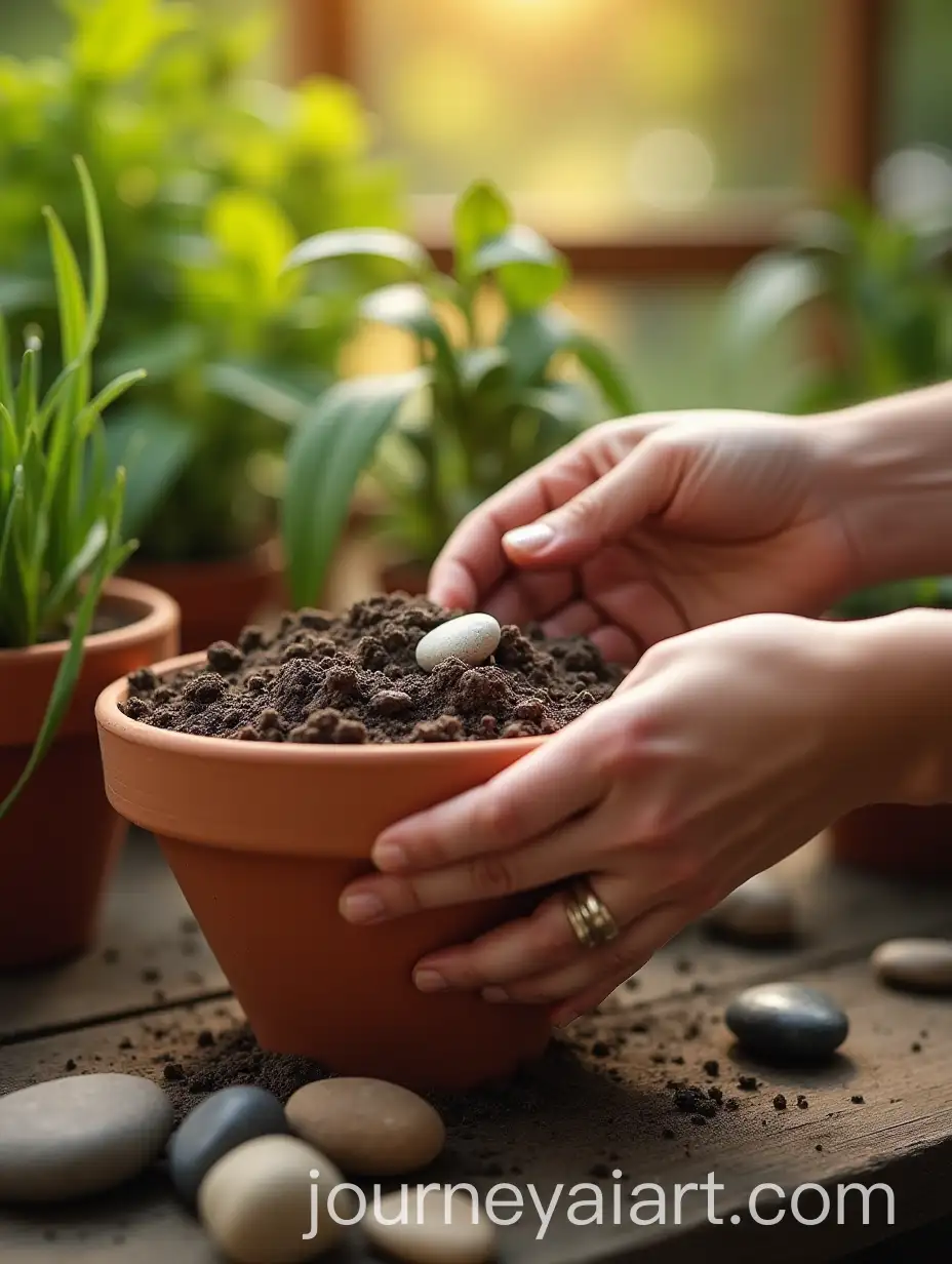 Gardeners-Hands-Placing-Stones-in-Terracotta-Pot-Under-Sunlight