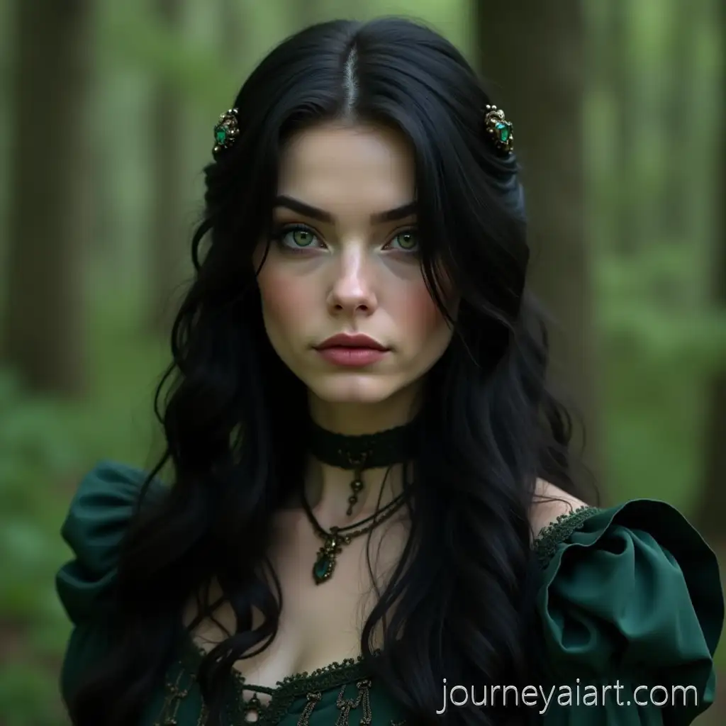 MajesticElf-in-forest-portrait-Elf-with-Black-Hair-and-Green-Eyes-in-a-Forest