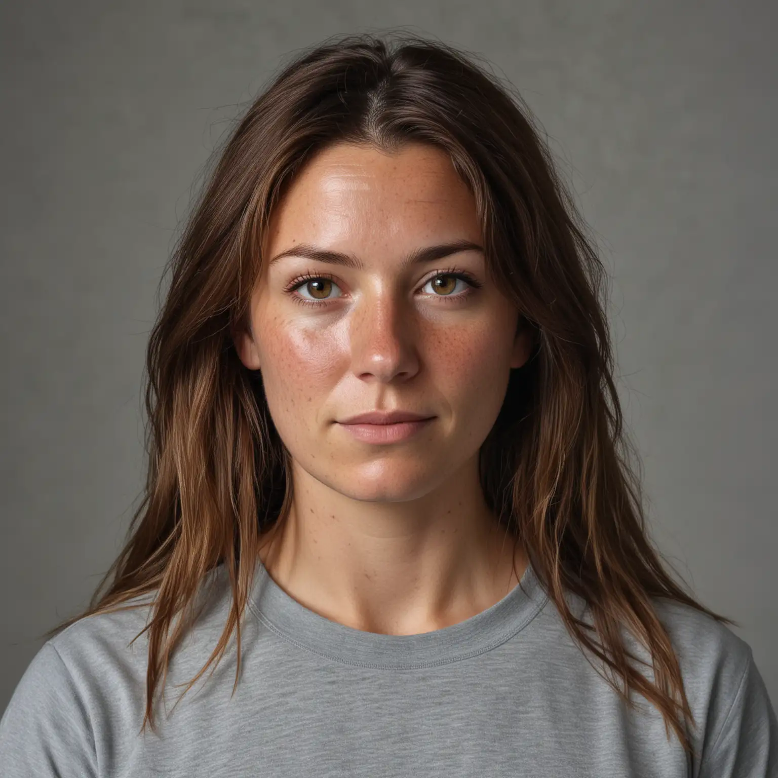 Portrait of a 37YearOld Policewoman with Brown Hair and Grey TShirt