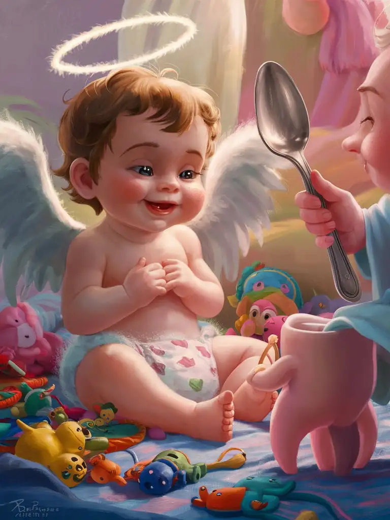 Cheerful-Baby-Angel-with-Toys-and-Giant-Silver-Spoon