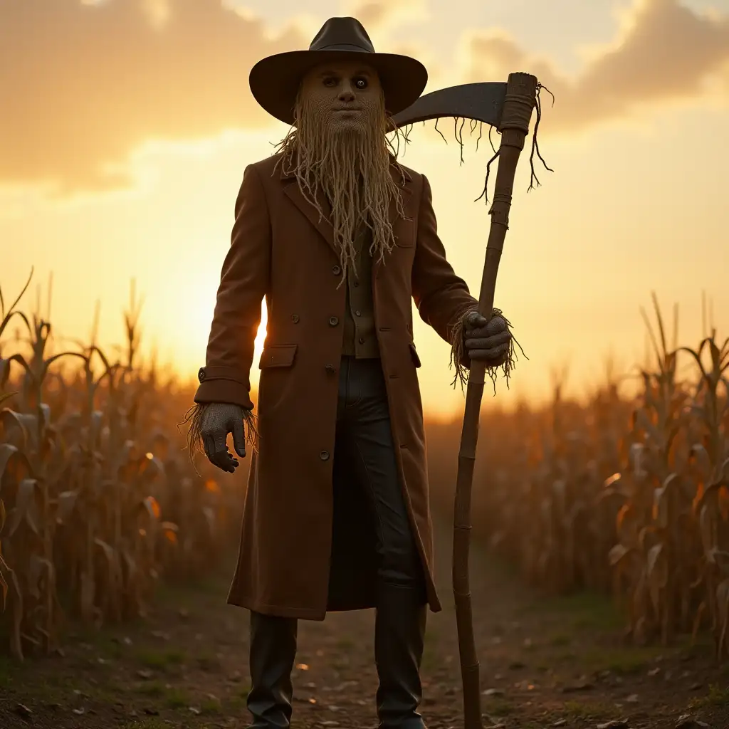 Scarecrow-Costume-in-Cornfield-at-Sunset-with-Menacing-Scythe